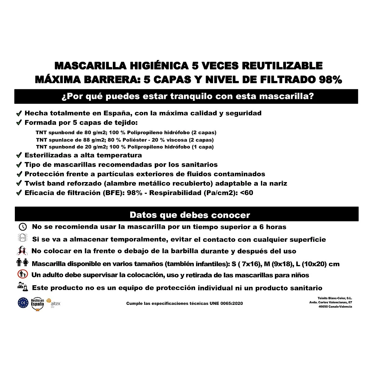 20 MASCARILLAS HIGIÉNICAS REUTILIZABLES GRANDES. 98% FILTRACIÓN