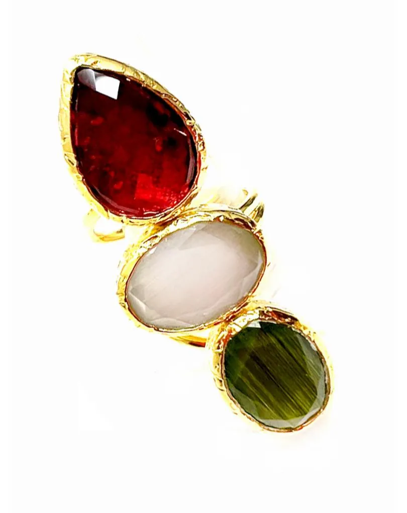 ANILLOS GRANDES DE TRES PIEDRAS EN VERDE BLANCO Y GRANATE