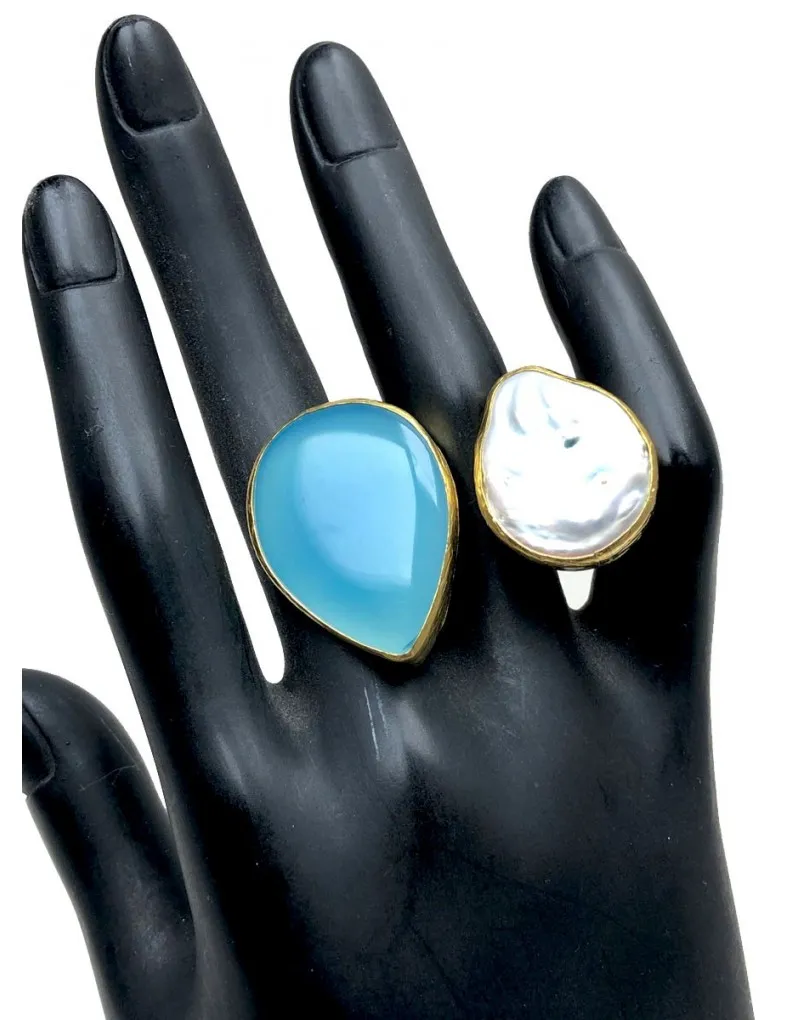 ANILLOS MUJER GRANDES PERLA BARROCA Y PIEDRA AZUL NATURAL