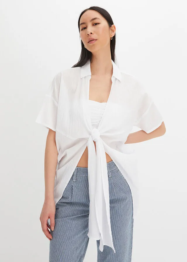 Blusa holgada de algodón con lazo Blanco