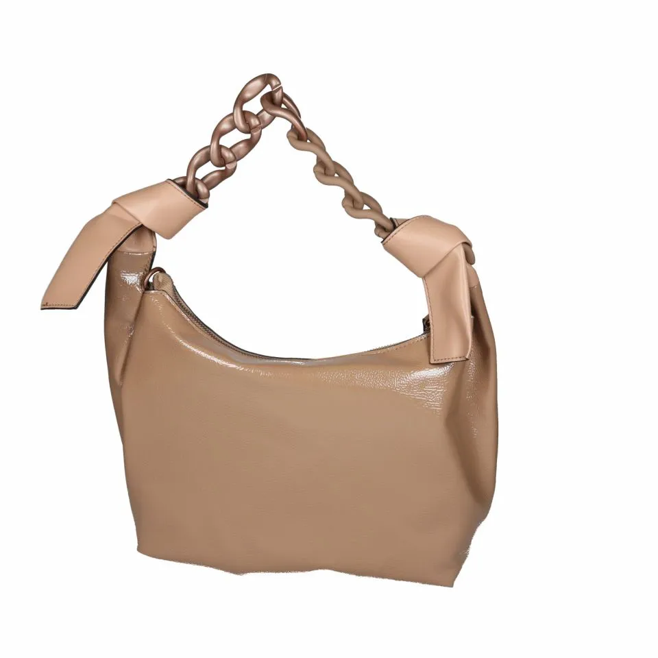 Bolso Charol Taupe Tipo Gondola Asa Cadena Al Tono