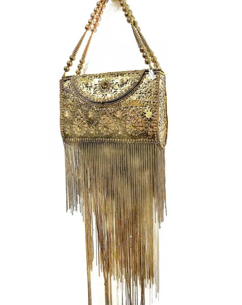 BOLSO ESPECTACULAR DE FIESTA DORADO METAL Y FLECOS DE CADENA