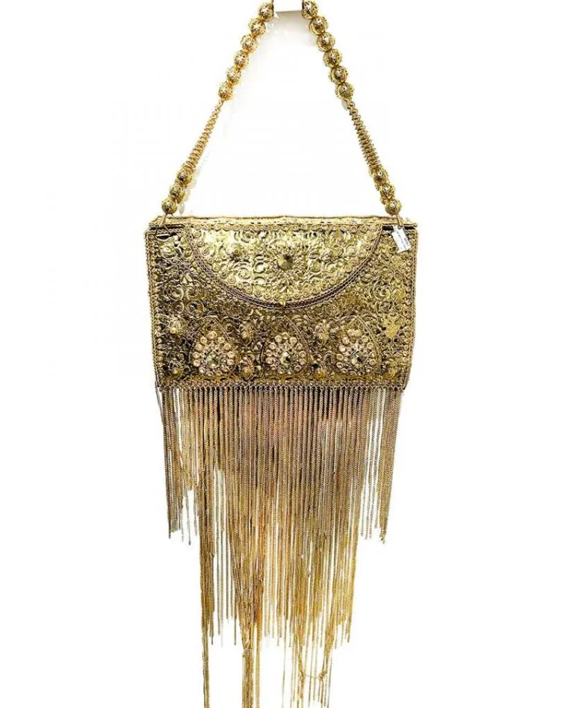 BOLSO ESPECTACULAR DE FIESTA DORADO METAL Y FLECOS DE CADENA