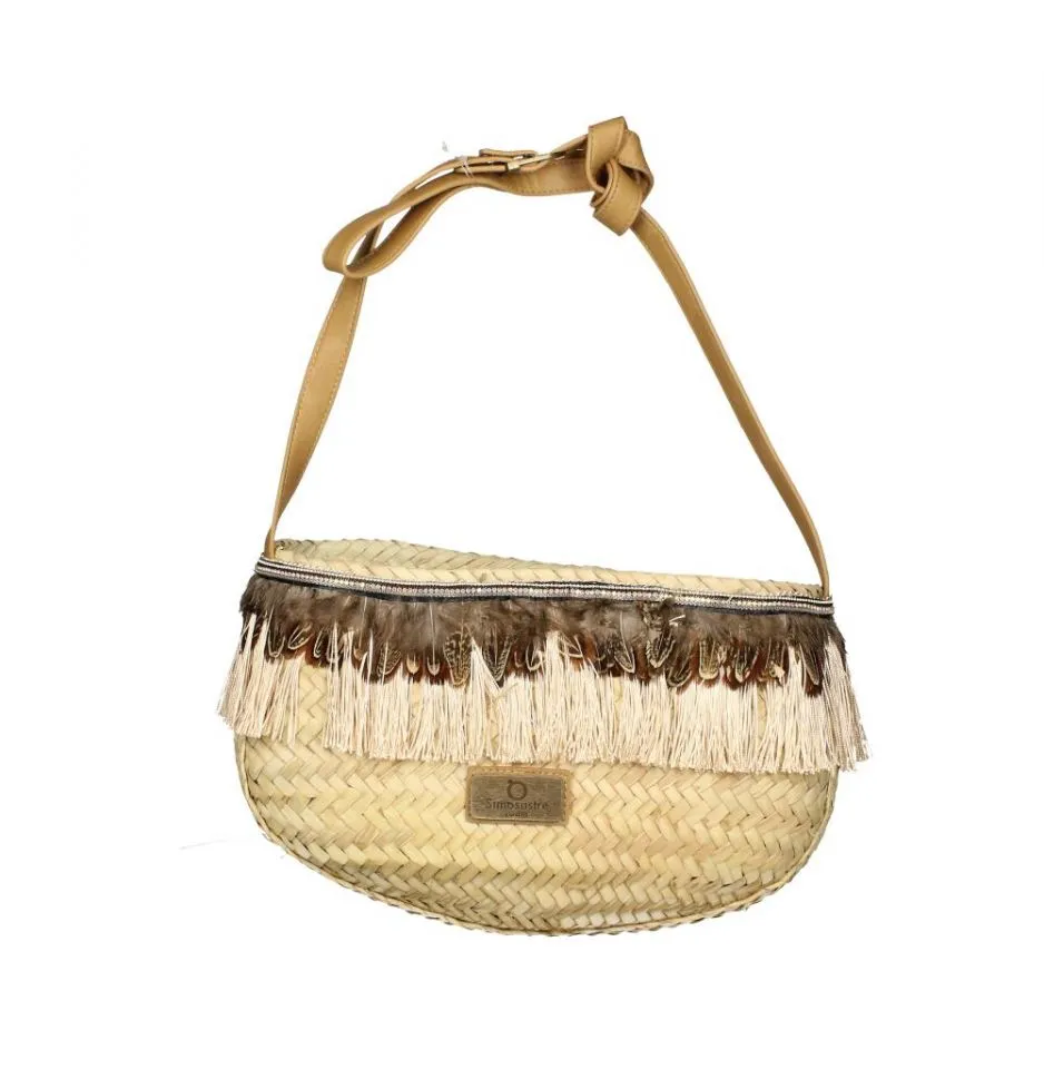 Bolso Palma Natural/marron Plumas y Flecos Tipo Gondola