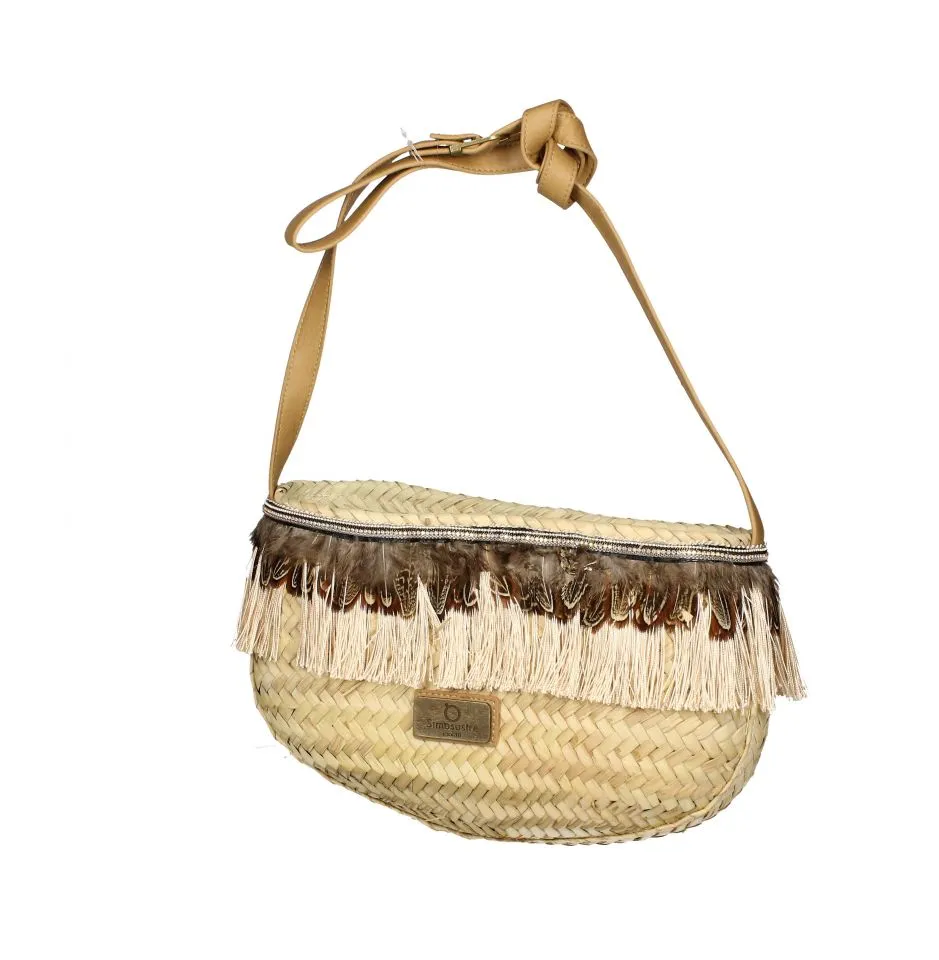 Bolso Palma Natural/marron Plumas y Flecos Tipo Gondola