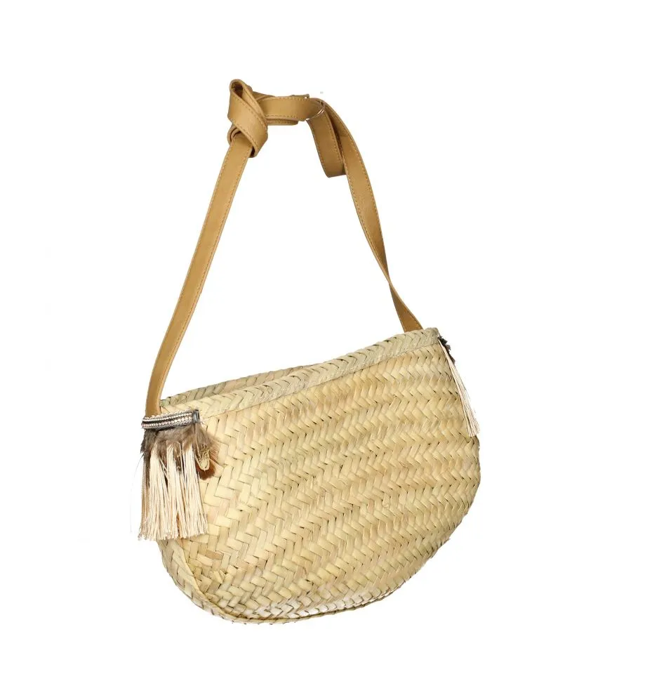 Bolso Palma Natural/marron Plumas y Flecos Tipo Gondola