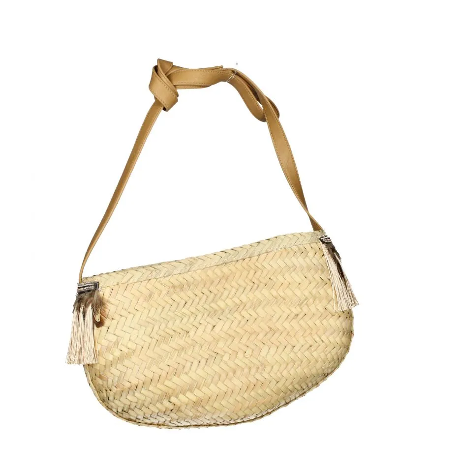 Bolso Palma Natural/marron Plumas y Flecos Tipo Gondola