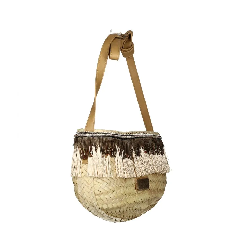 Bolso Palma Natural/marron Plumas y Flecos Tipo Gondola