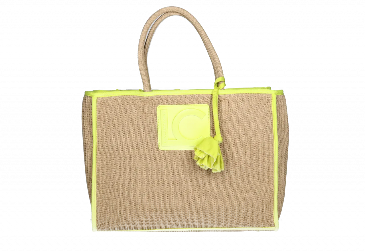 Bolso Rafia Tostado Con Detalles Verde Logo Pasta Lc