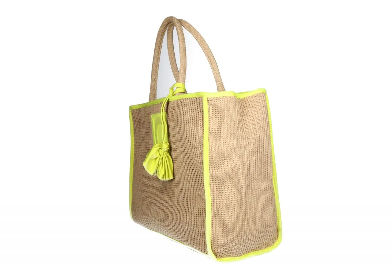 Bolso Rafia Tostado Con Detalles Verde Logo Pasta Lc