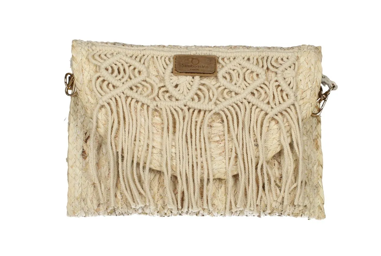 Cartera Palma Natural Tapa Macrame y Flecos Beig