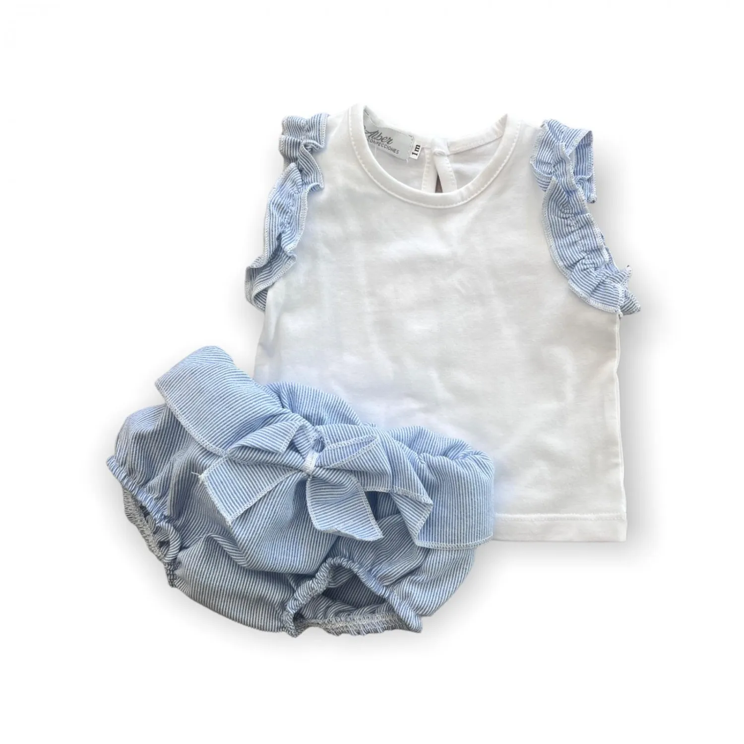 Conjunto para niña. Camiseta Blanca con detalles a rayas como la braguita