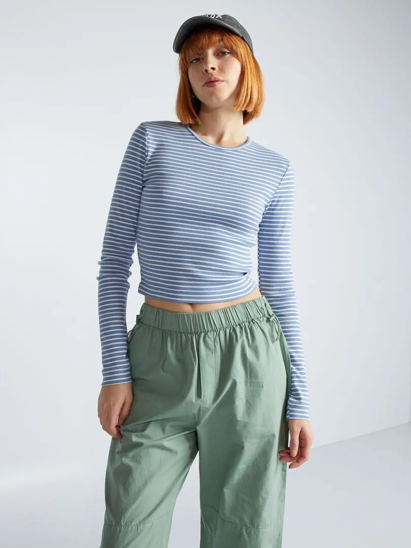 Crop top de canalé a rayas - AZUL