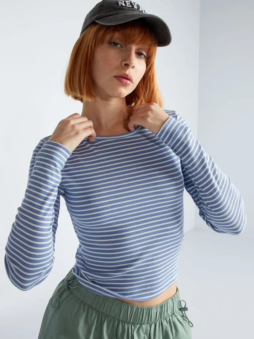 Crop top de canalé a rayas - AZUL