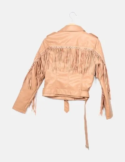 FLA M Mode Chaqueta biker camel con flecos