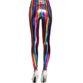 Holograma de mujer Leggings de arco iris metálicos Glitter Neon Tights Rayas impresas