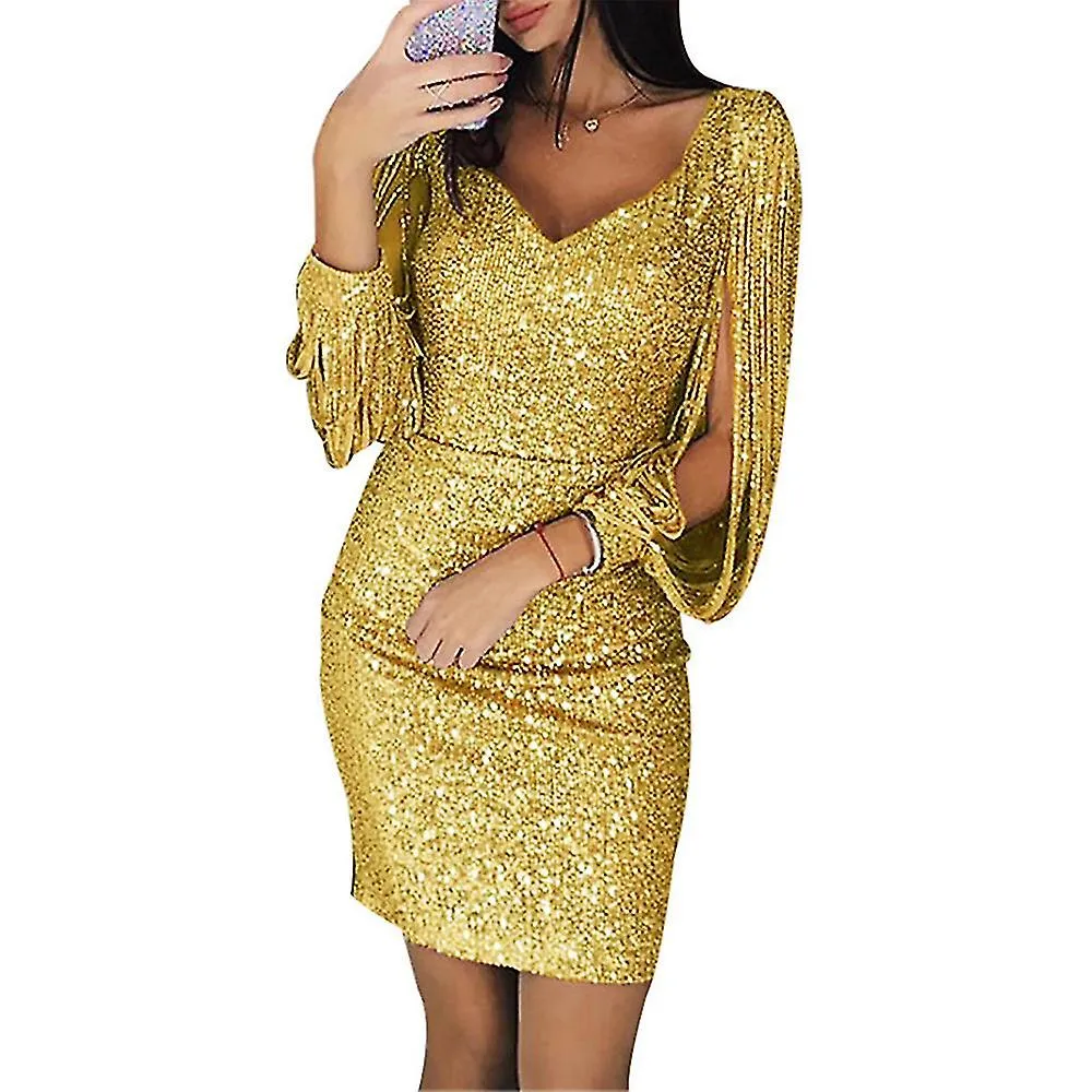 Mujeres Sequin Borla Manga Mini Vestido Sólido V Cuello Slim Fit Party Vestidos cortos Plus Size