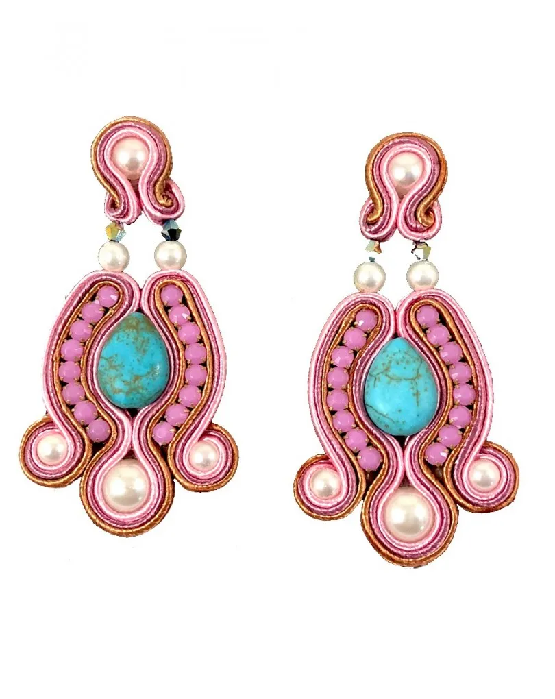 PENDIENTES DE FLAMENCA GRANDES ROSAS Y TURQUESAS CON PEDRERIA VENTA ONLINE