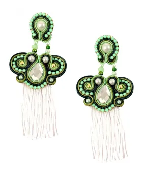 PENDIENTES DE FLAMENCA GRANDES VERDES CON FLECOS BLANCOS PARA LA FERIA DE ABRIL