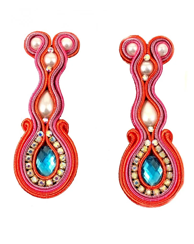 PENDIENTES DE FLAMENCA LARGOS ROJO CORAL CON ROSA IDEALES PARA VESTIDOS DE FLAMENCA