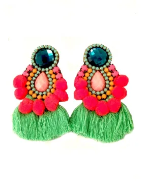 PENDIENTES DE MODA CON FLECOS Y  POMPONES TENDENCIA,  CLORES FLUOR