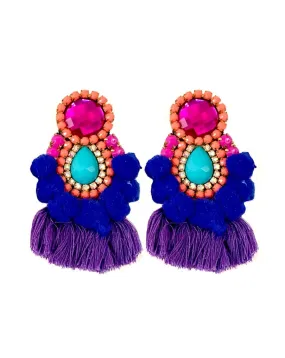 PENDIENTES DE MODA CON FLECOS Y  POMPONES TENDENCIA, TONOS AZULON Y MORADO