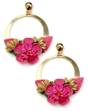 PENDIENTES FUCSIAS DE AROS GRANDES Y FLORES PARA IR A LA FERIA