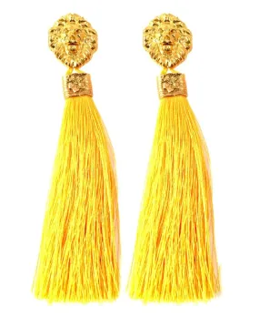 PENDIENTES LARGOS DE FLECOS COLOR AMARILLO CON CABEZA DE LEON