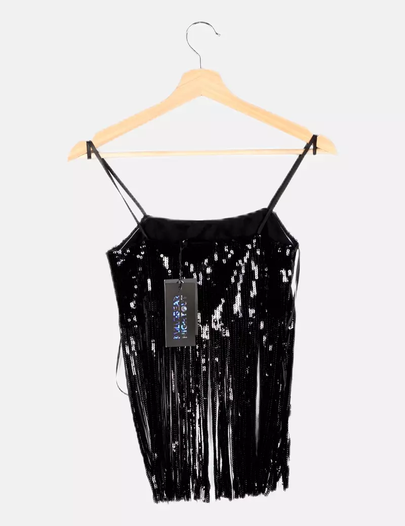 Pull&Bear Top negro paillettes flecos