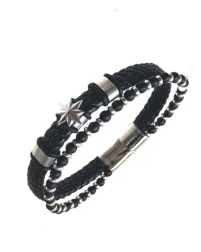 PULSERAS CUERO NEGRAS DE HOMBRE DOBLES CON PIEDRAS DE AZABACHE