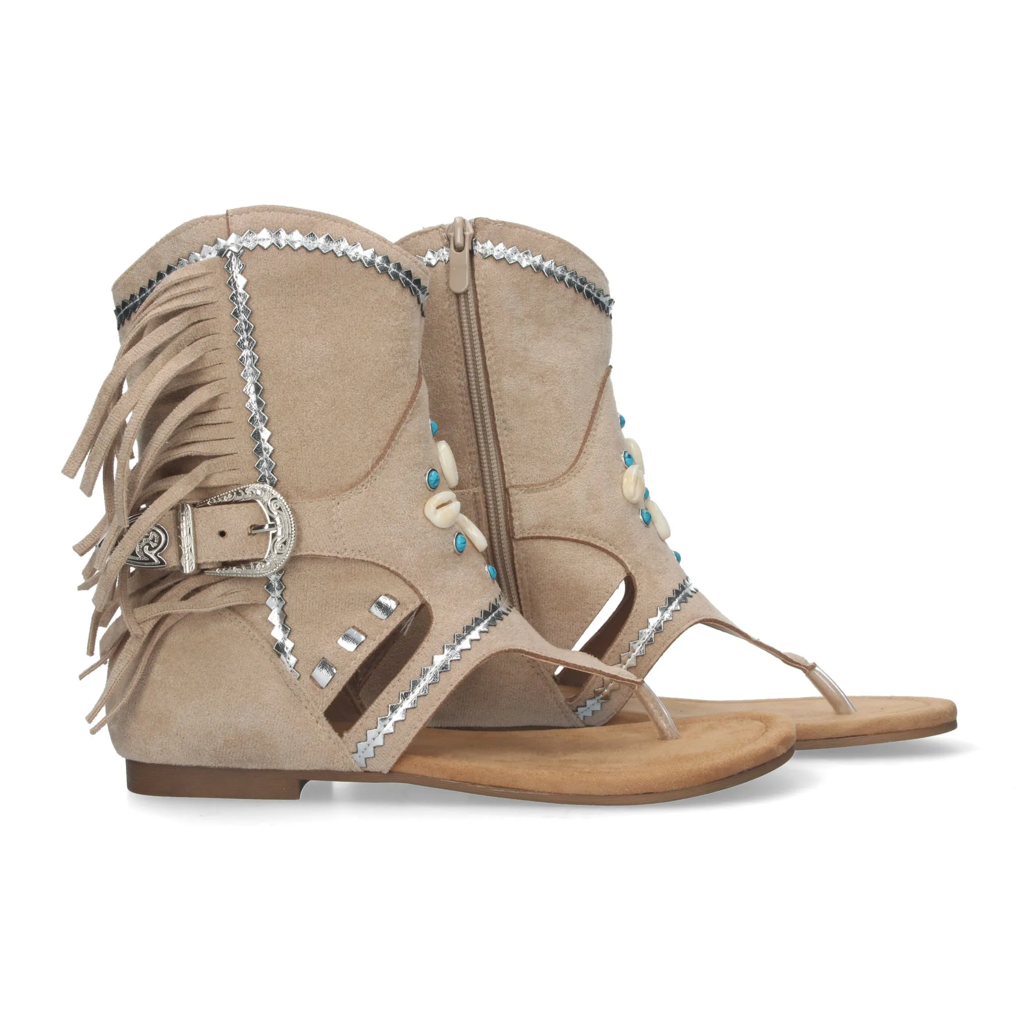 Sandalias planas tipo esclava con flecos para mujer apricot JH-168