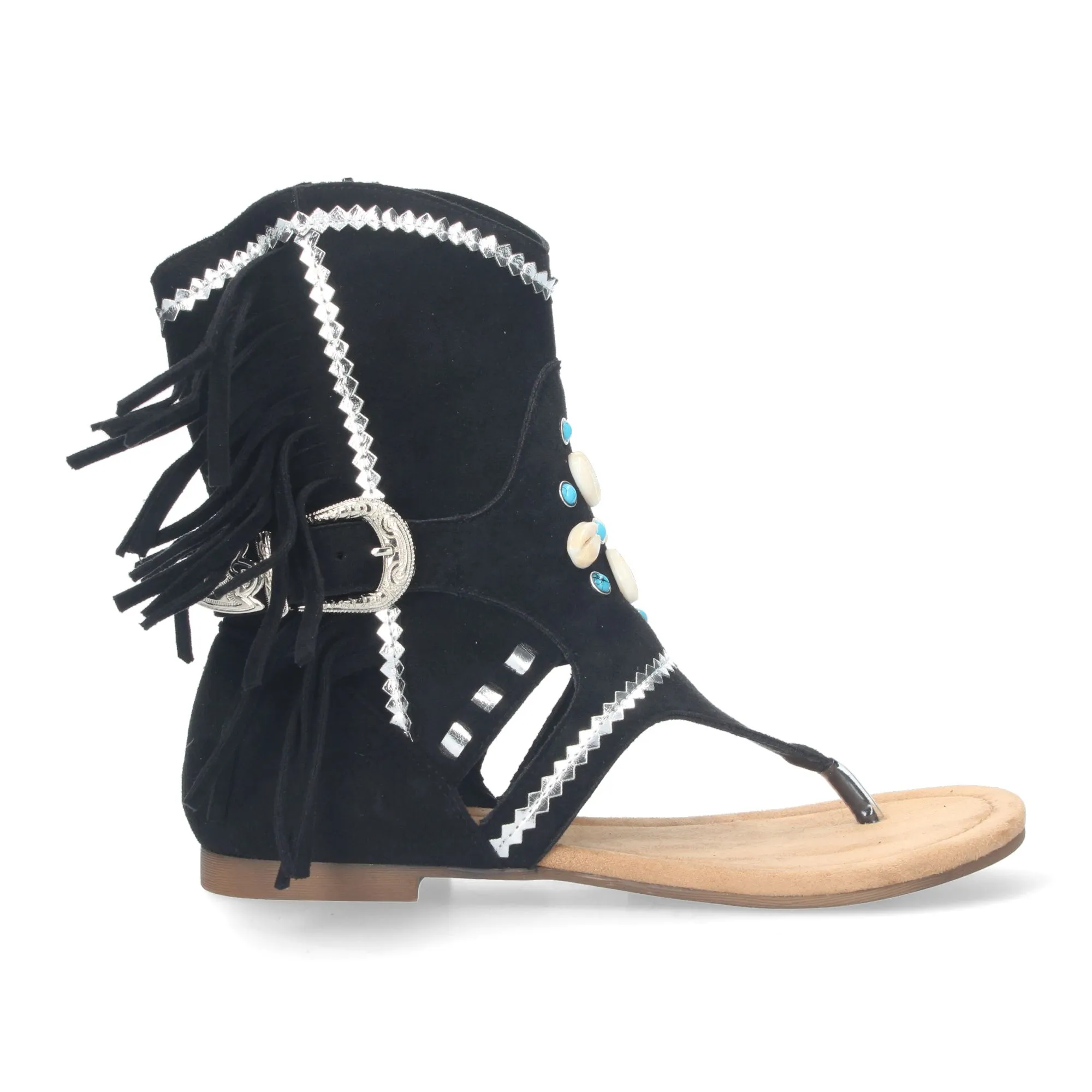 Sandalias planas tipo esclava con flecos para mujer negro JH-168