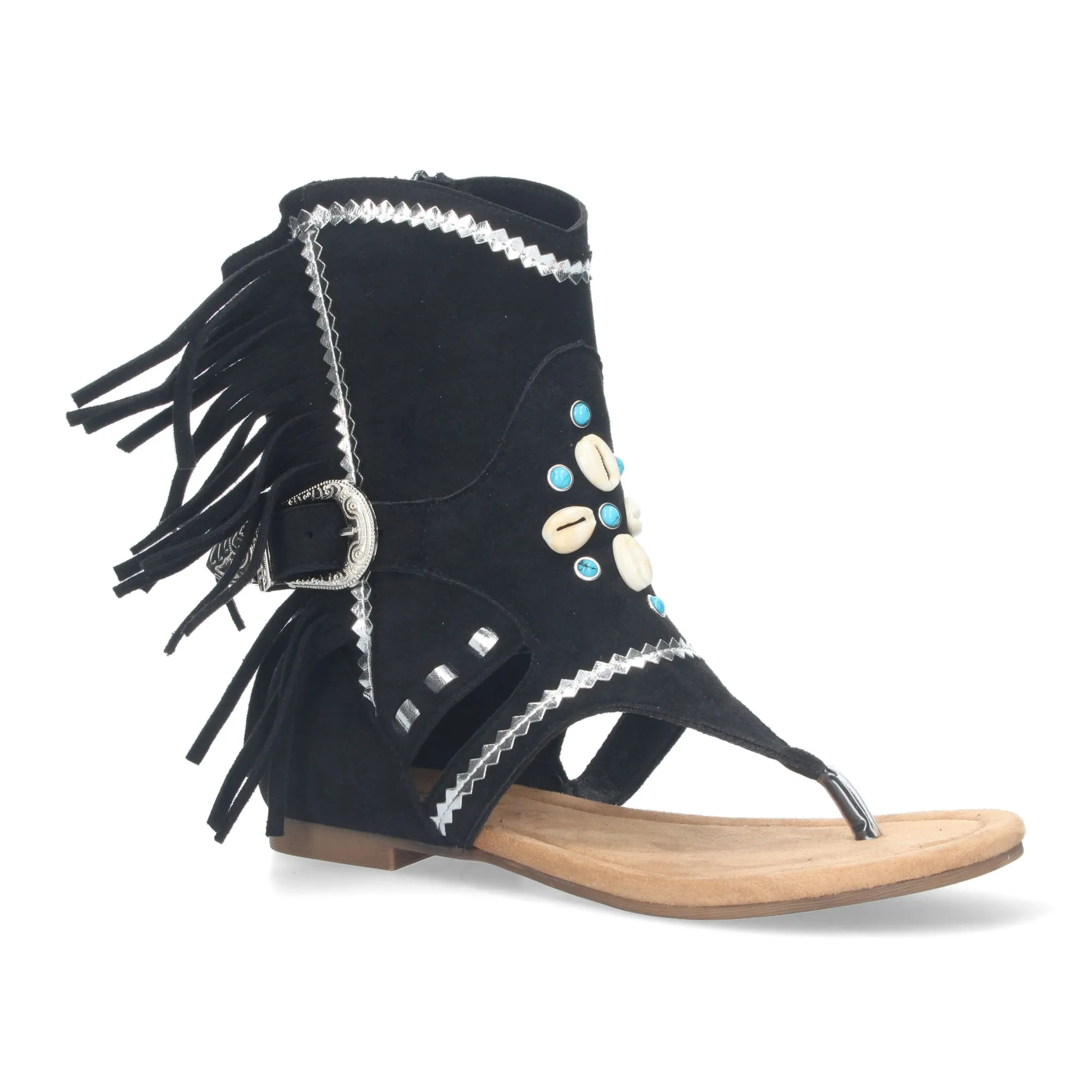 Sandalias planas tipo esclava con flecos para mujer negro JH-168