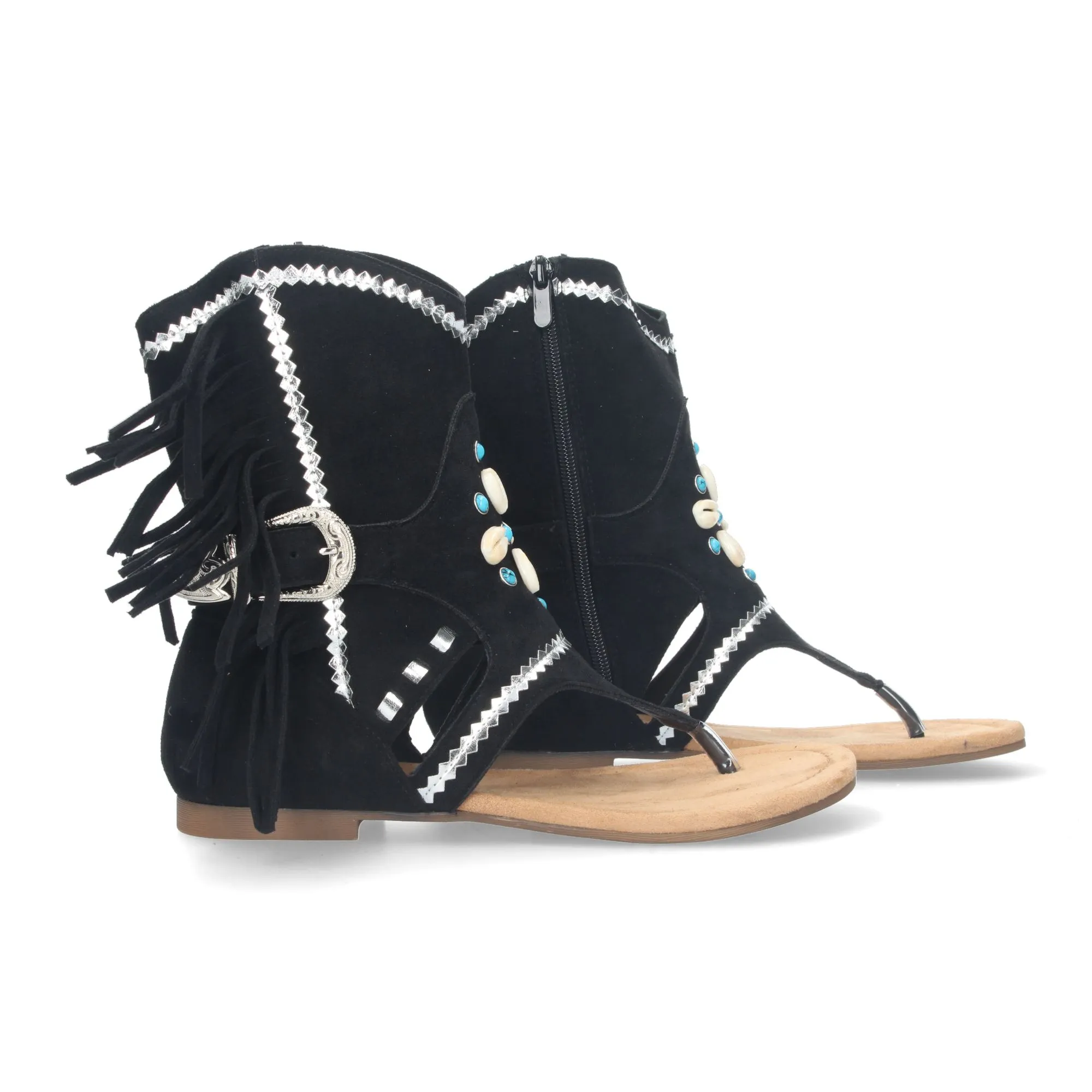 Sandalias planas tipo esclava con flecos para mujer negro JH-168