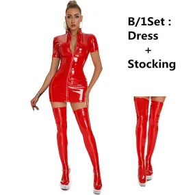 Sexy Vestido de Mujer Clubwear Wetlook Latex Bodycon Disfraz Brillante Bodycon Cremallera Wet Look Cuero Manga Corta Mini Vestid