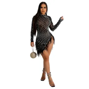 Vestido de cóctel de fiesta asimétrico con borlas de diamantes de imitación de manga larga para mujer