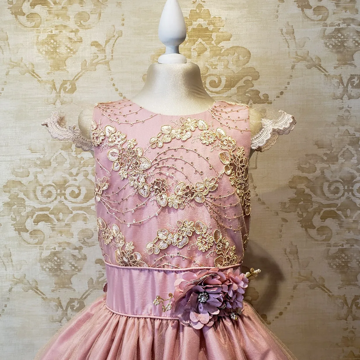 Vestido de Niña Fiesta Rosa Palo con Encaje Oro Elegante Talla 10 a 12 Años