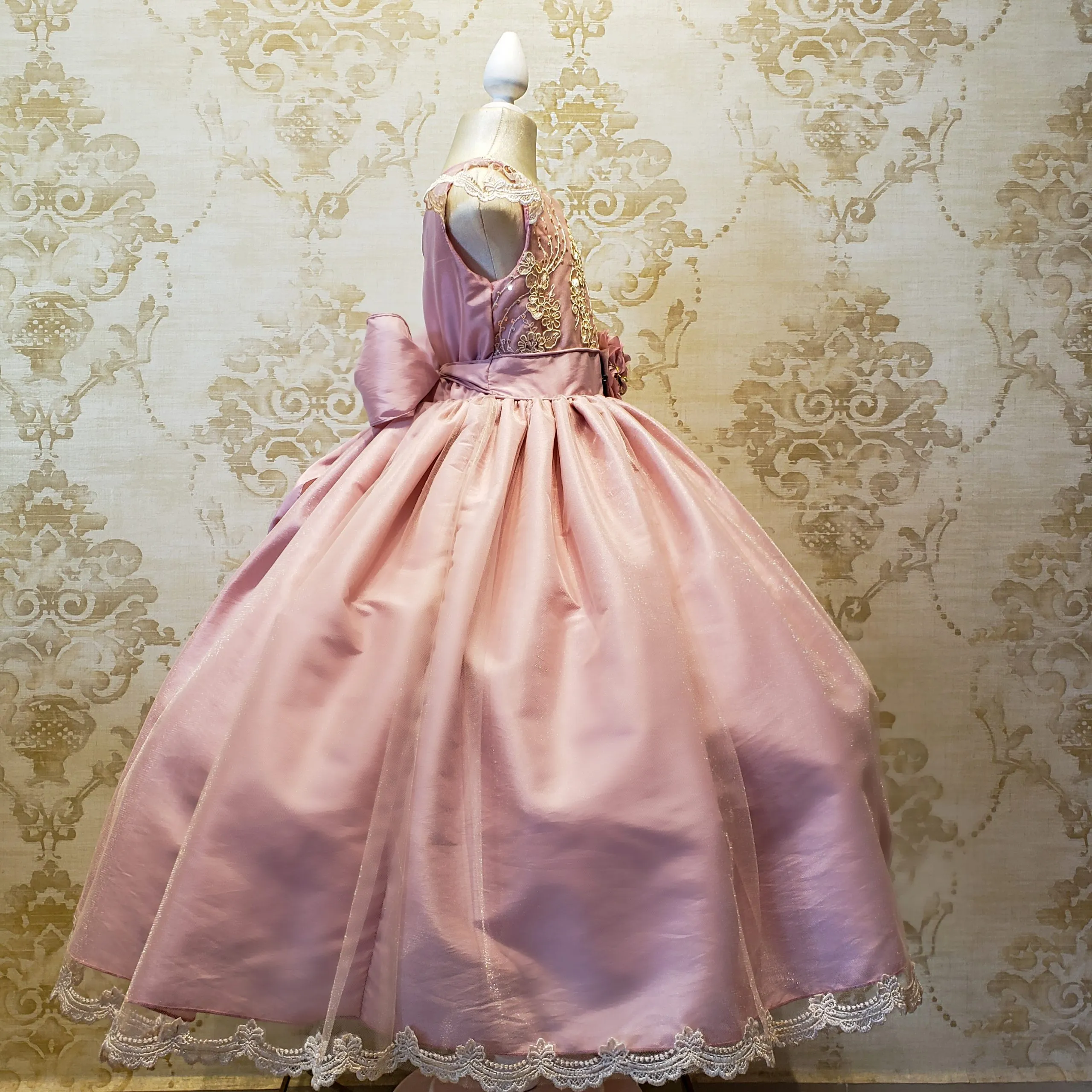 Vestido de Niña Fiesta Rosa Palo con Encaje Oro Elegante Talla 10 a 12 Años