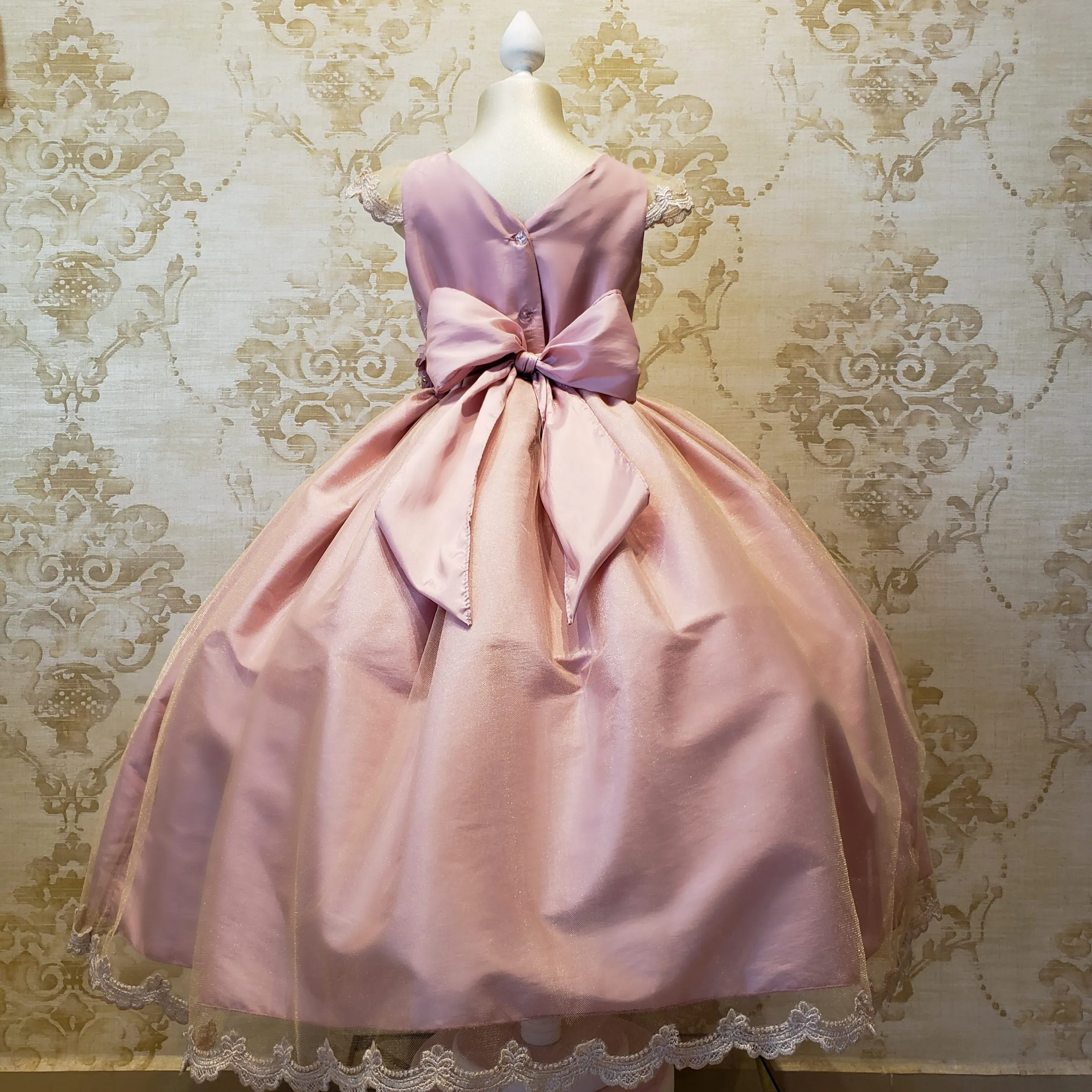 Vestido de Niña Fiesta Rosa Palo con Encaje Oro Elegante Talla 10 a 12 Años