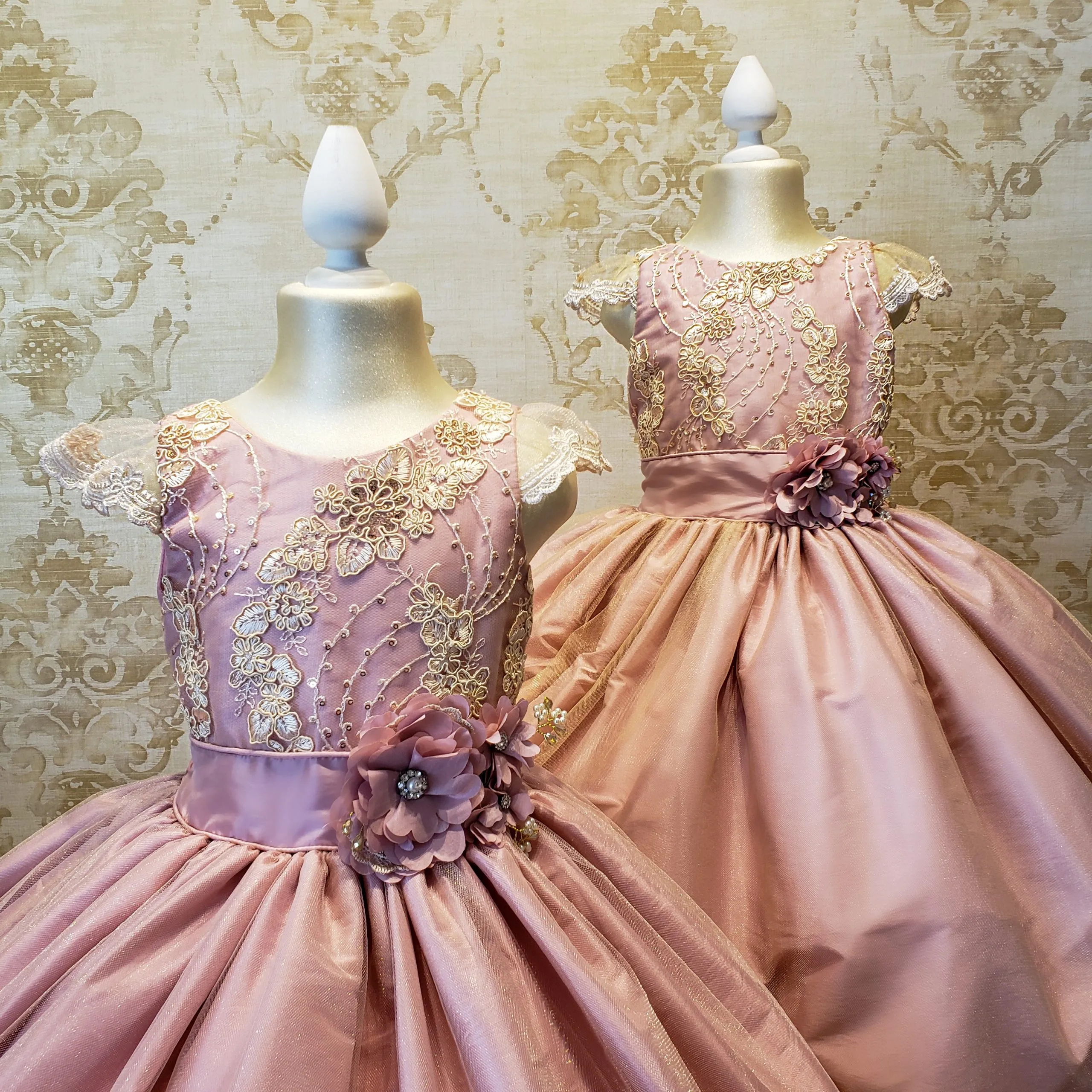 Vestido de Niña Fiesta Rosa Palo con Encaje Oro Elegante Talla 10 a 12 Años