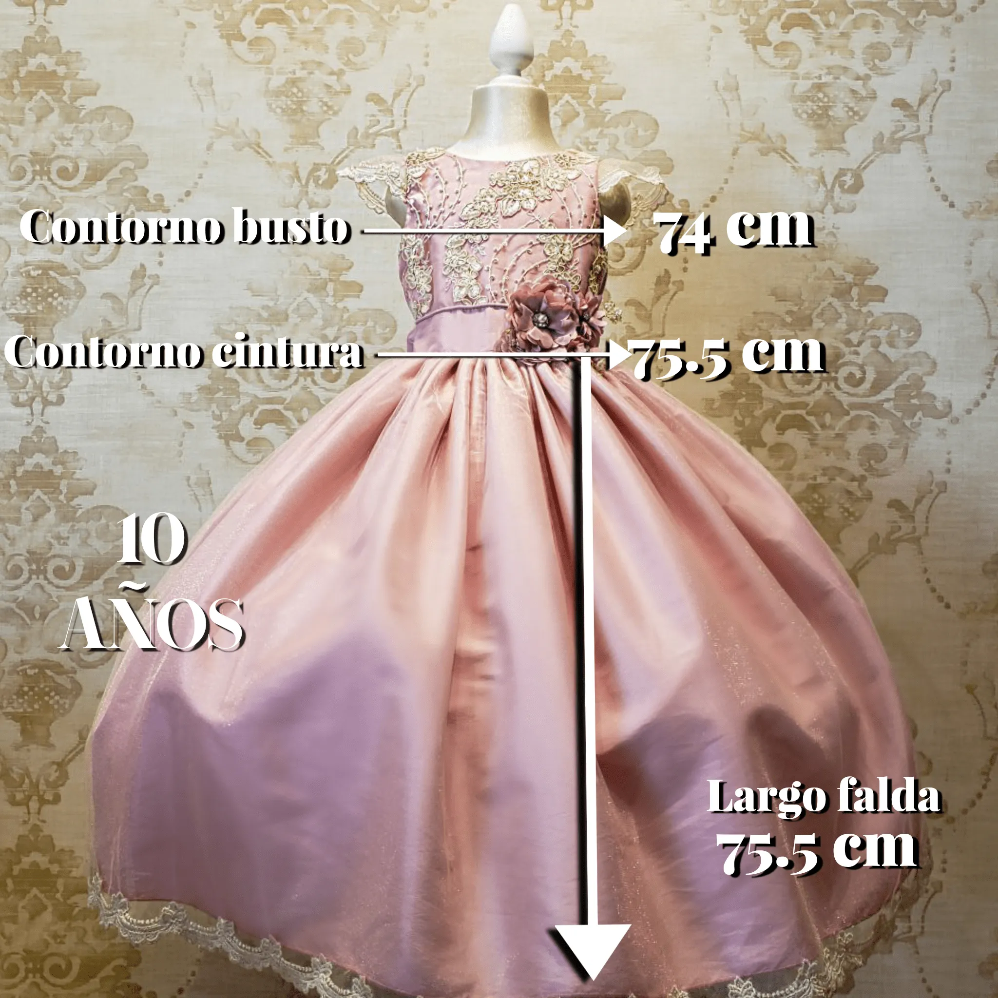 Vestido de Niña Fiesta Rosa Palo con Encaje Oro Elegante Talla 10 a 12 Años