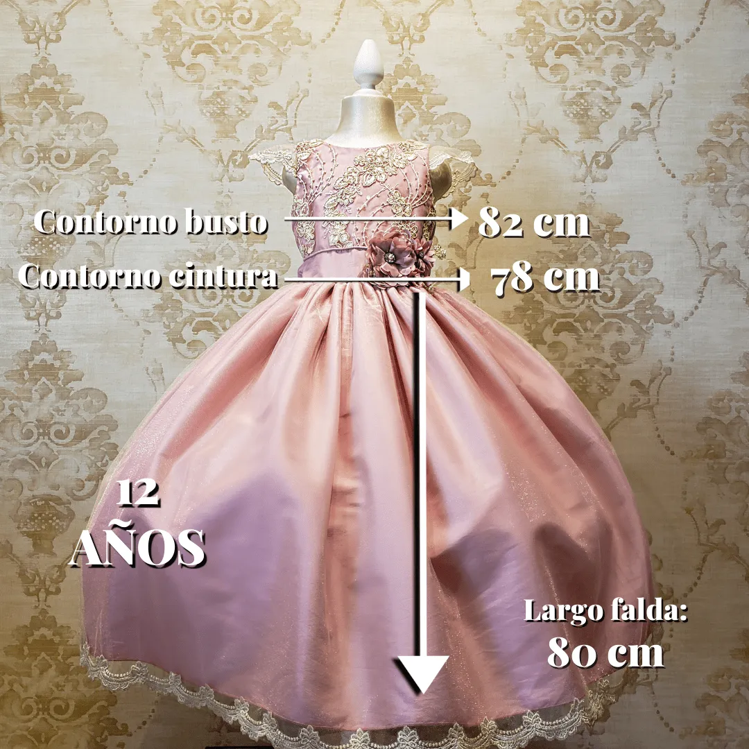 Vestido de Niña Fiesta Rosa Palo con Encaje Oro Elegante Talla 10 a 12 Años