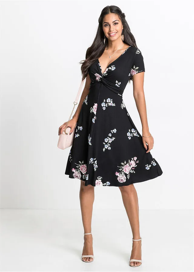 Vestido de punto de viscosa sostenible Negro de flores