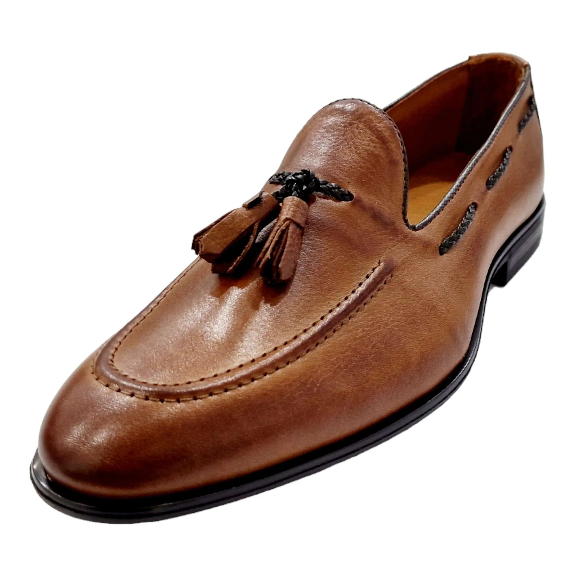 ZAPATOS MOCASÍN HOMBRE BORLAS CUERDA TRENZADA CUERO